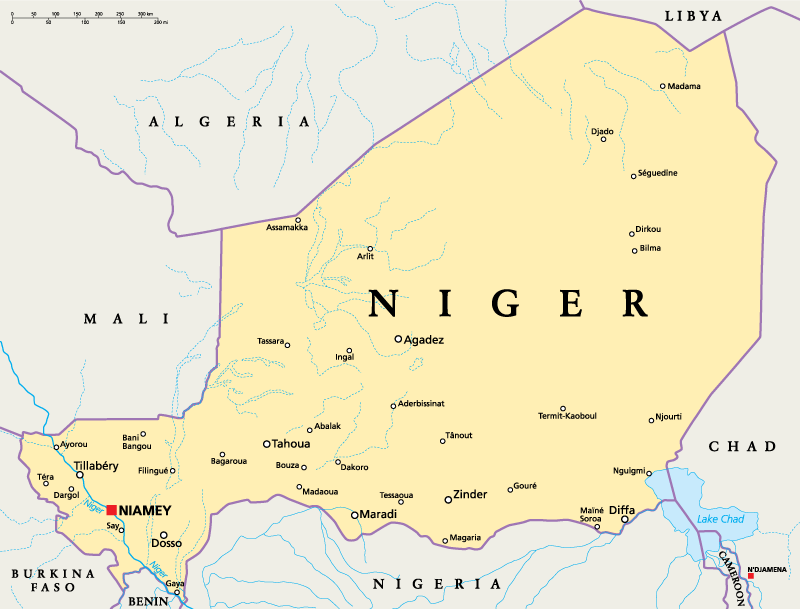 Níger comparte fronteras terrestres con Nigeria, Chad, Argelia, Malí, Burkina Faso, Libia y Benin.